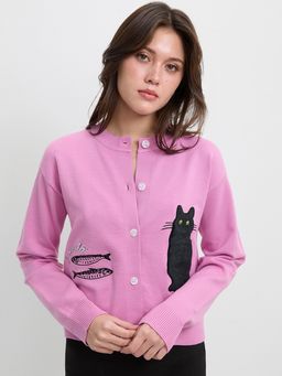 Pomelo - Signature Black Cat and Sardine Graphic Ribbed Knit Cardigan