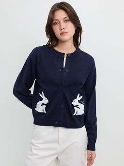 Pomelo - Signature Scalloped Trim Bunny Intarsia Knit Long Sleeve Cardigan