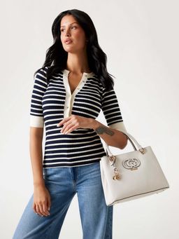 Guess - Off White Solid Calebra Status Satchel Bag with Detachable Strap