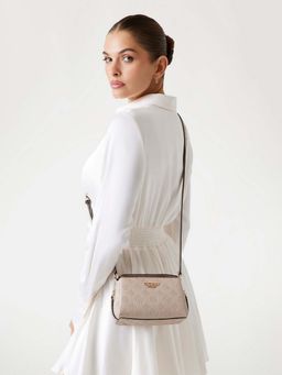 Guess - Simply Beige Logo Textured Phoebe Mini Crossbody Bag