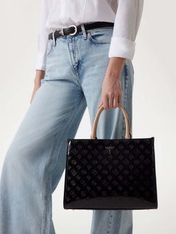 Guess - Black Logo Textured Arnela Girlfriend Handbag with Detachable Strap