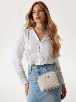 Guess - White & Beige Textured Mirena Camera Crossbody Bag