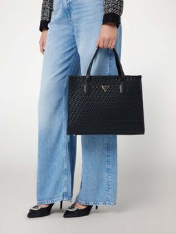 Guess - Black Textured Silvana Tote Bag with Detachable Strap
