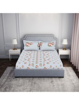 SPACES - 100% Cotton Green Floral Double Bedsheet with 2 Pillow Cover (Set of 3)