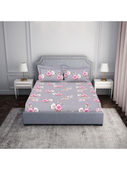 SPACES - 100% Cotton Purple Floral Double Bedsheet with 2 Pillow Cover (Set of 3)