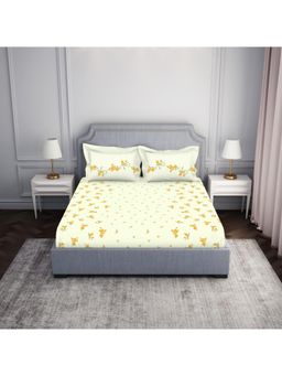 SPACES - 100% Cotton Floral Cream Double Bedsheet with 2 Pillow Cover (Set of 3)