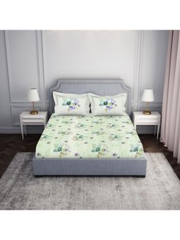 SPACES - Green Cotton Viscose Floral Double Bedsheet with 2 Pillow Cover (Set of 3)