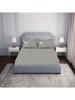 SPACES - Cotton Viscose Grey Floral Double Bedsheet with 2 Pillow Cover (Set of 3)