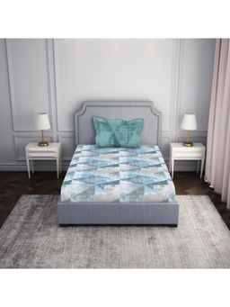 SPACES - 100% Cotton Geometric Teal Bedsheet for Single Bed with 2 Pillow Cover (Set of 2)