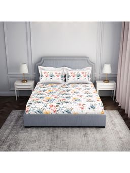 SPACES - Cotton Fitted Floral Multi-Color Queen Bedsheet with 2 Pillow Cover (Set of 3)
