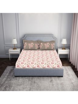 SPACES - Cotton Fitted Floral Pink Queen Bedsheet with 2 Pillow Cover (Set of 3)