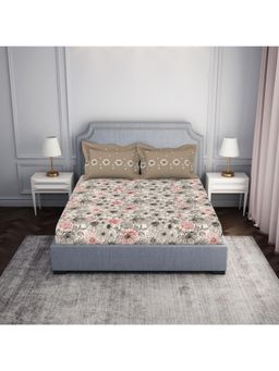 SPACES - Cotton Fitted Floral Grey Queen Bedsheet with 2 Pillow Cover (Set of 3)