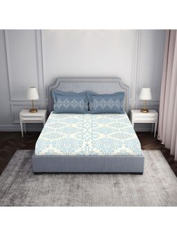 SPACES - Cotton Fitted Floral Blue Queen Bedsheet with 2 Pillow Cover (Set of 3)