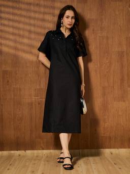 Globus - Women Black Embellished/Sequined Poplin Dress
