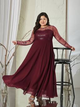 Miss Chase - Women Wine Embellished/Sequined Georgette Dress