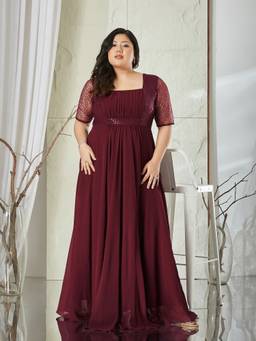 Miss Chase - Women Wine Solid/Plain Georgette Dress