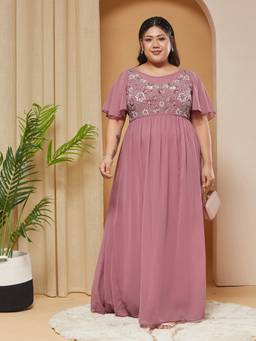Miss Chase - Women Lavender Embroidered Georgette Dress