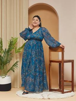 Miss Chase - Women Teal Floral Chiffon Dress