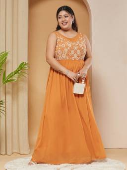Miss Chase - Women Orange Embroidered Georgette Dress