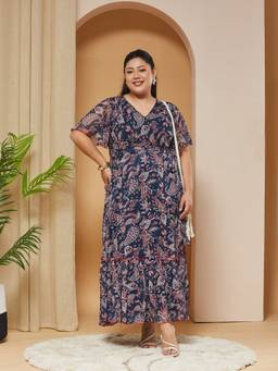 Miss Chase - Women Navy Blue Floral Chiffon Dress