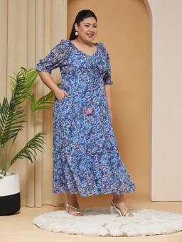 Miss Chase - Women Navy Blue Floral Georgette Dress