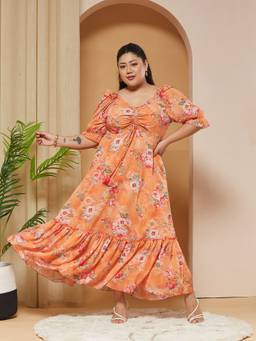 Miss Chase - Women Orange Floral Georgette Dress