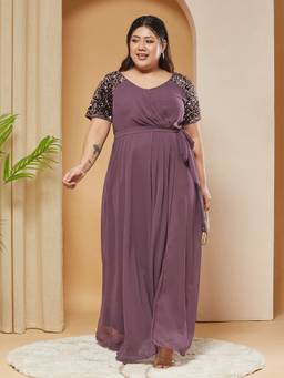 Miss Chase - Women Mauve Embellished/Sequined Georgette Dress