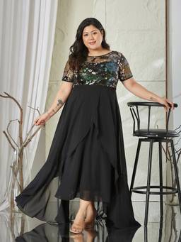 Miss Chase - Women Black Floral Georgette Dress