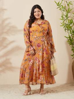 Miss Chase - Women Mustard Printed Chiffon Dress