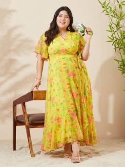 Miss Chase - Women Yellow Floral Chiffon Dress