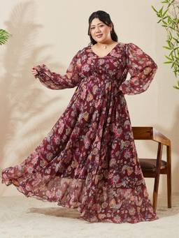 Miss Chase - Women Burgundy Floral Chiffon Dress
