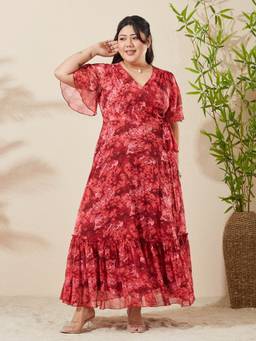 Miss Chase - Women Red Floral Chiffon Dress