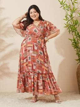 Miss Chase - Women Peach Floral Chiffon Dress
