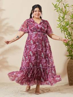 Miss Chase - Women Wine Floral Chiffon Dress
