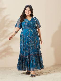 Miss Chase - Women Teal Floral Chiffon Dress