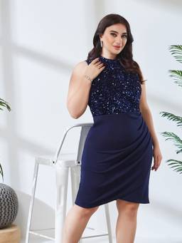 Miss Chase - Women Navy Blue Embellished/Sequined Polyester Dress