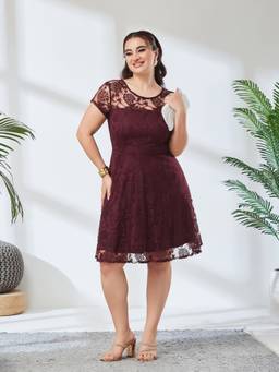 Miss Chase - Women Wine Self Design Polyester Dress