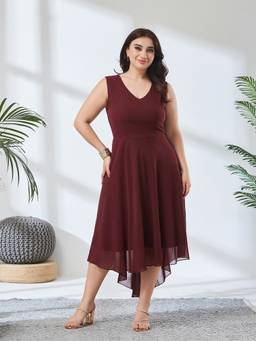 Miss Chase - Women Maroon Solid/Plain Georgette Dress