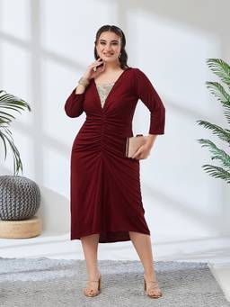 Miss Chase - Women Maroon Solid/Plain Polyester Dress