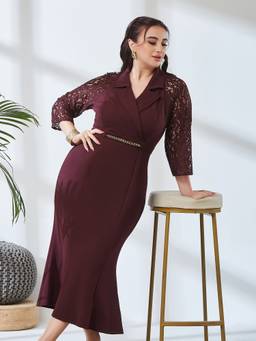 Miss Chase - Women Wine Self Design Polyester Dress