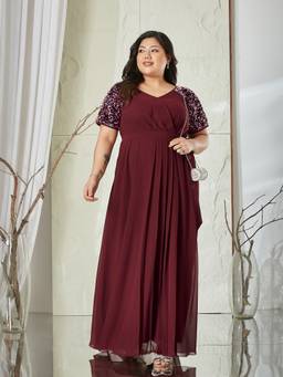 Miss Chase - Women Wine Embellished/Sequined Polyester Dress