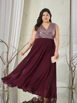Miss Chase - Women Wine Embellished/Sequined Georgette Dress