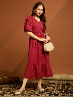 Globus - Women Maroon Stripes Cambric Dress