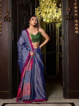 CHARUKRITI - Blue Tissue Handwoven Soft Saree with Unstitched Blouse