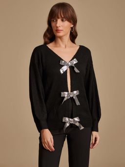 Kazo - Bow Black button Shrug