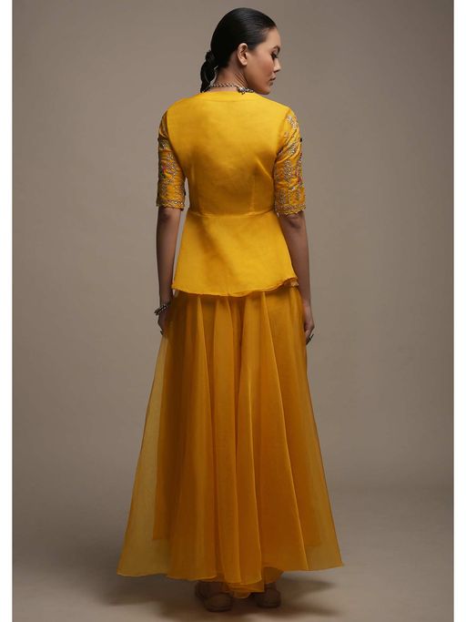kalki fashion yellow dress Yellow Tissue Anarkali Suit With Sequins And Zari Work