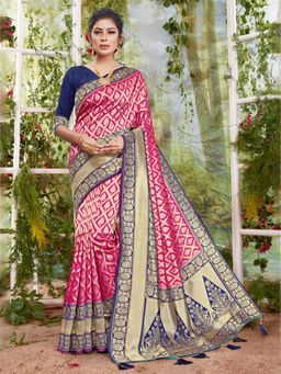 Sangam Prints - Pink & Blue Silk Stonework Traditional Saree with Unstitched Blouse