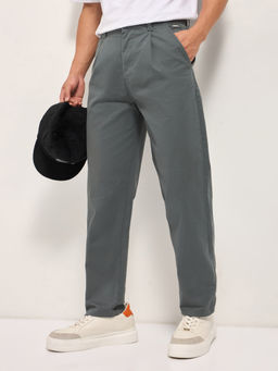 The Bear House - Mens Cropped Carrot Fit Grey Solid Casual Trouser