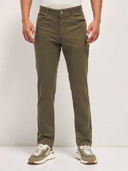 The Bear House - Mens Slim Fit Olive Solid Casual Trouser