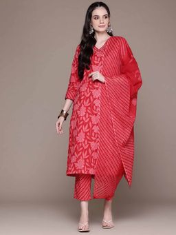 Readiprint - Straight Style Cotton Fabric Red Color Kurta and Pant with Dupatta (Set of 3)